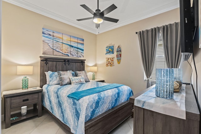 bedroom featuring light tile patterned floors, crown molding, and ceiling fan