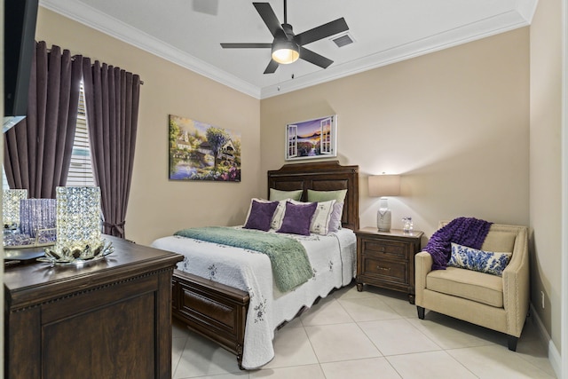 tiled bedroom with crown molding and ceiling fan