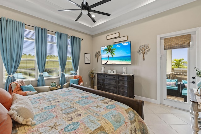 bedroom with crown molding, light tile patterned floors, a raised ceiling, ceiling fan, and access to exterior