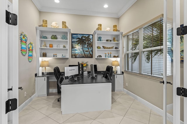 office with crown molding and light tile patterned flooring