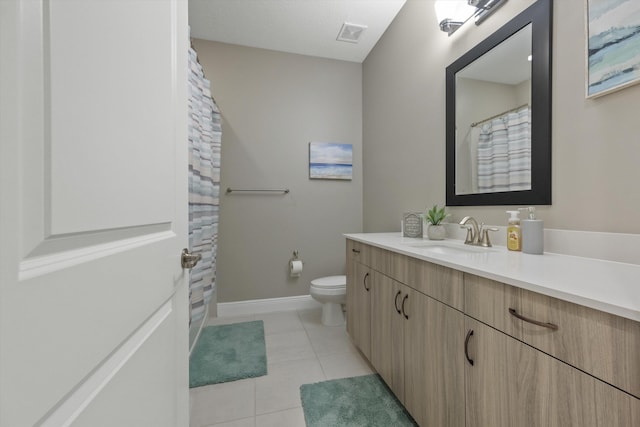 bathroom with toilet, tile patterned flooring, and vanity