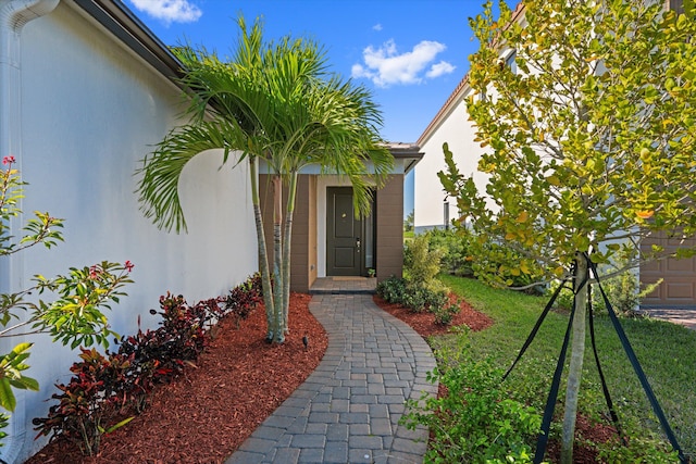 property entrance featuring a lawn