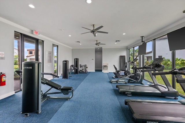 exercise room featuring carpet floors and ornamental molding