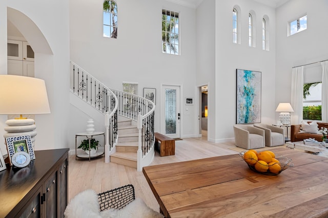 entryway featuring a towering ceiling, a healthy amount of sunlight, and light wood-type flooring