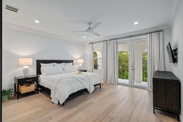 bedroom featuring ceiling fan, access to exterior, ornamental molding, light hardwood / wood-style floors, and french doors