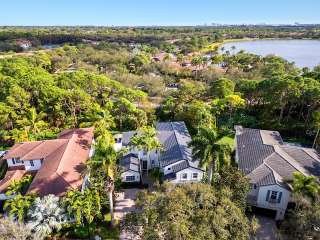 drone / aerial view with a water view