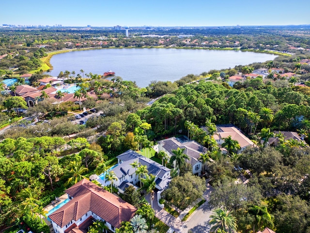 drone / aerial view featuring a water view