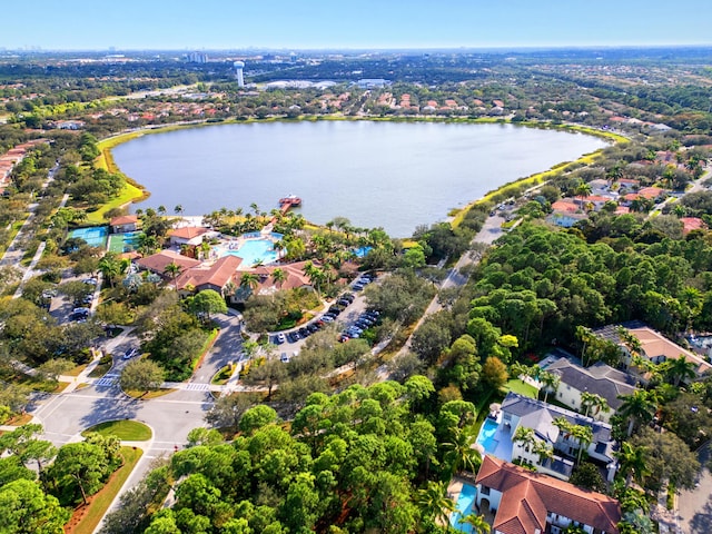 drone / aerial view with a water view