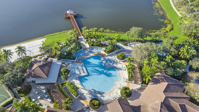 drone / aerial view with a water view