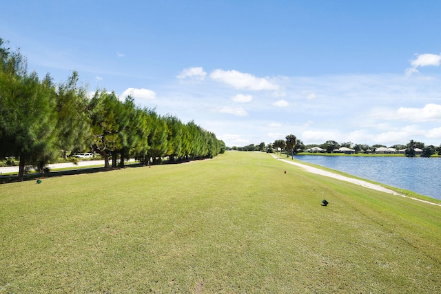 view of home's community with a water view and a lawn