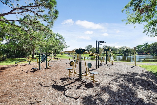 view of play area featuring a water view