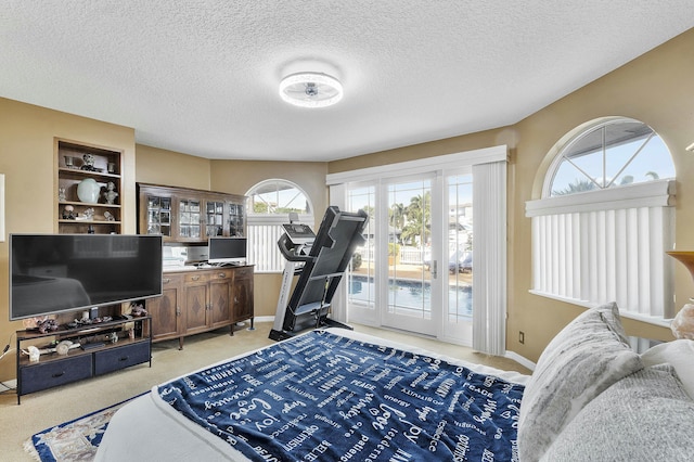 bedroom with light colored carpet, a textured ceiling, and access to outside