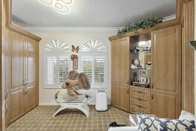 sitting room featuring crown molding and a textured ceiling