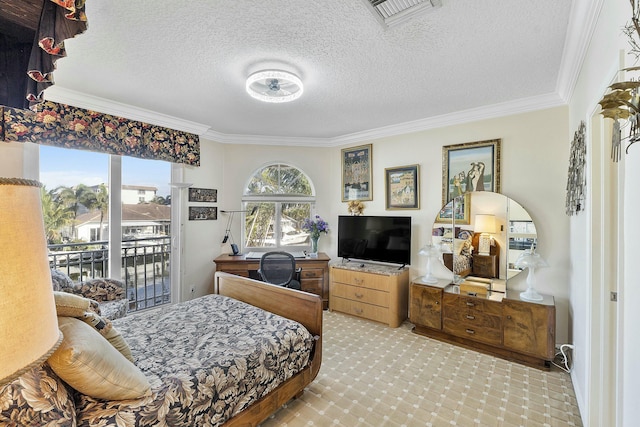 bedroom with light colored carpet, a textured ceiling, ornamental molding, and access to outside