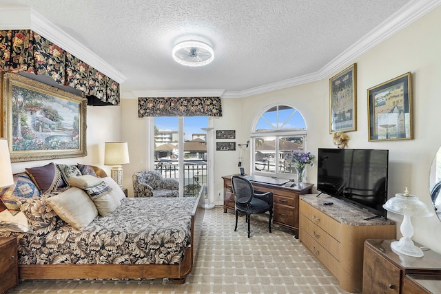 bedroom featuring access to exterior, a textured ceiling, and crown molding