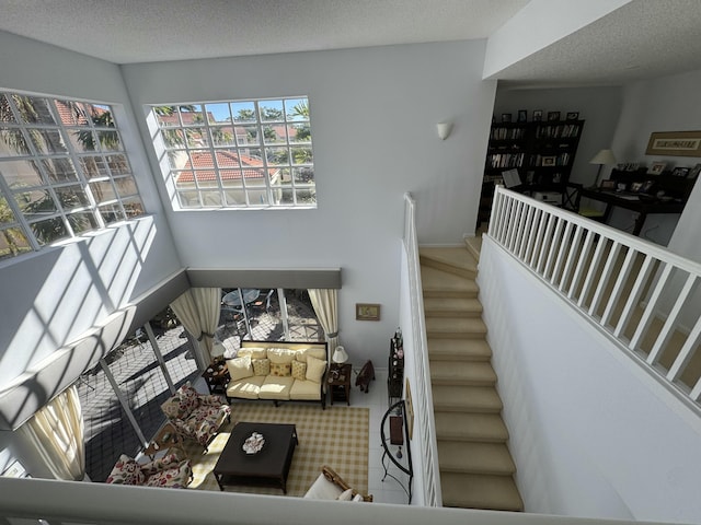 living room featuring a textured ceiling