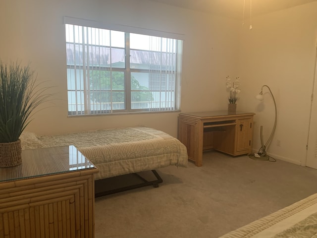 bedroom featuring light carpet