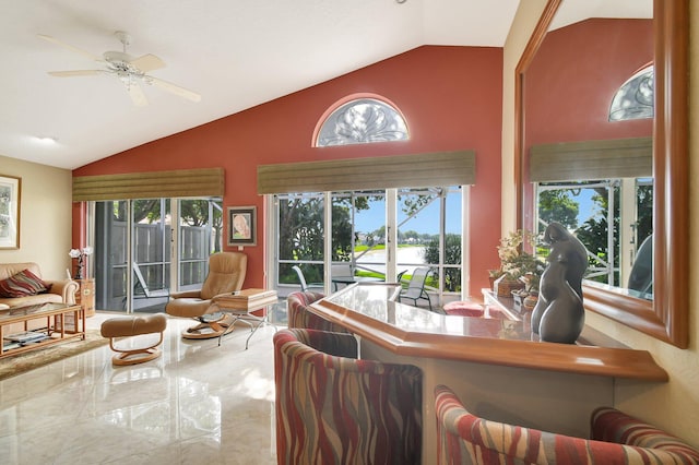 living room with vaulted ceiling and ceiling fan