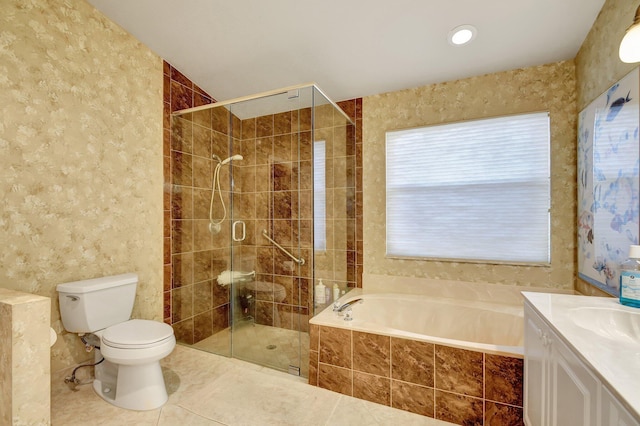 full bathroom with independent shower and bath, toilet, tile patterned floors, and vanity