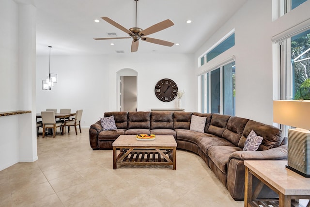 living room with ceiling fan