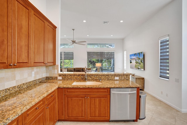 kitchen featuring kitchen peninsula, ceiling fan, plenty of natural light, dishwasher, and sink