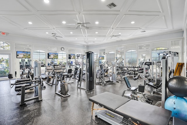 exercise room with ceiling fan, plenty of natural light, crown molding, and coffered ceiling