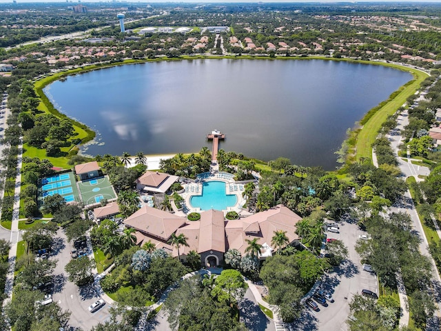 drone / aerial view with a water view