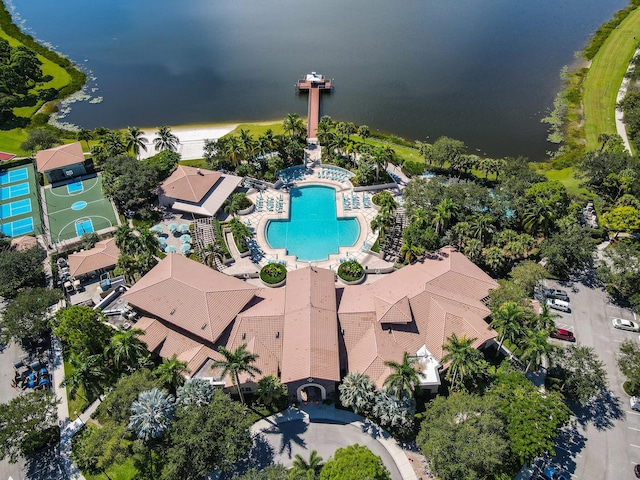 birds eye view of property featuring a water view