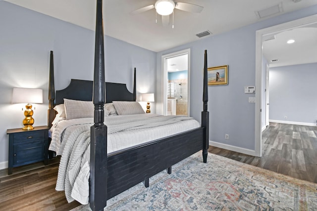 bedroom with dark hardwood / wood-style flooring, connected bathroom, and ceiling fan