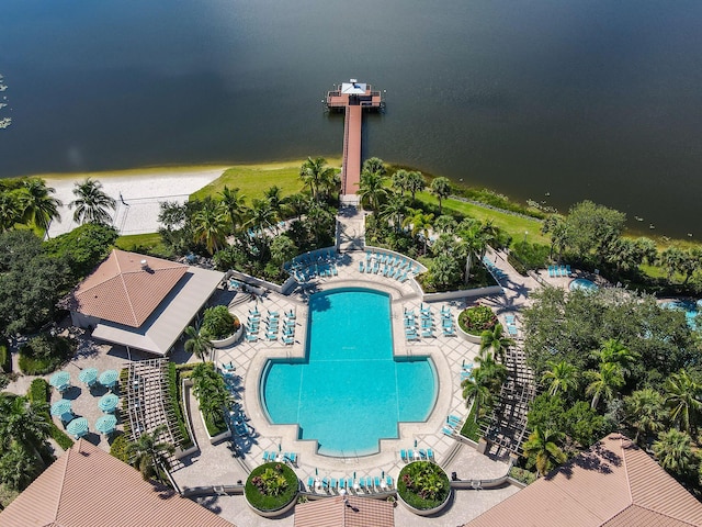 birds eye view of property featuring a water view