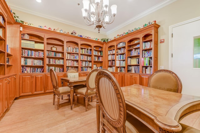 interior space with ornamental molding, light hardwood / wood-style flooring, and a notable chandelier