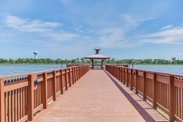 dock area featuring a gazebo and a water view