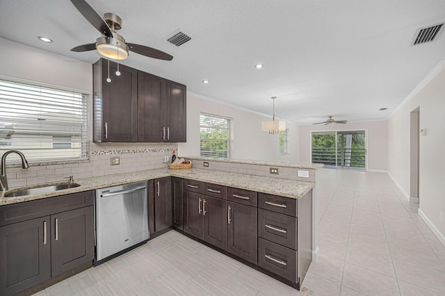 kitchen with crown molding, stainless steel dishwasher, kitchen peninsula, and sink