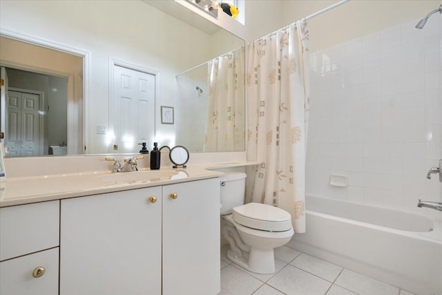 full bathroom with toilet, tile patterned flooring, shower / bathtub combination with curtain, and vanity