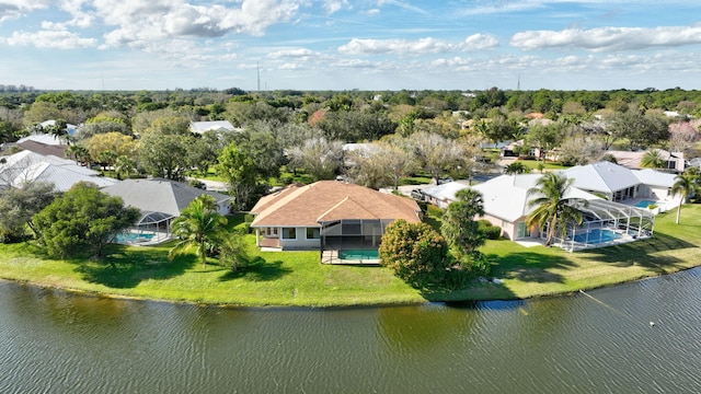 aerial view featuring a water view