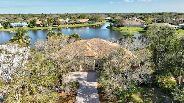 drone / aerial view with a water view