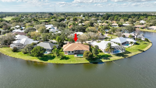 aerial view featuring a water view