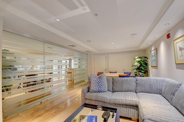 living room featuring ornamental molding, light hardwood / wood-style floors, and a raised ceiling