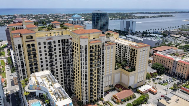 birds eye view of property featuring a water view