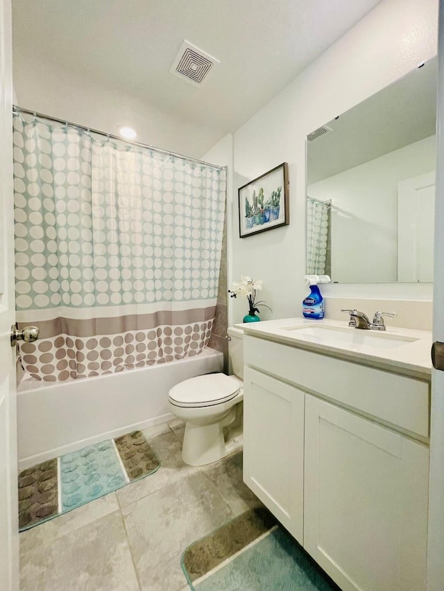 full bathroom with toilet, vanity, and shower / bathtub combination with curtain