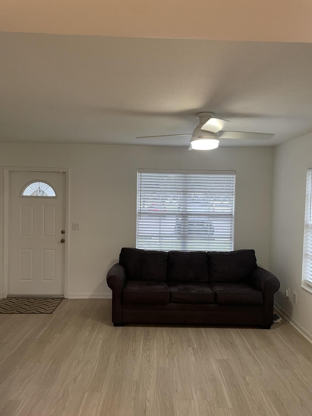 living room with ceiling fan, a healthy amount of sunlight, and light hardwood / wood-style flooring