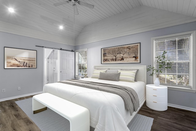 bedroom with ceiling fan, dark hardwood / wood-style flooring, lofted ceiling, and wooden ceiling