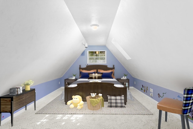 bedroom with light colored carpet and lofted ceiling