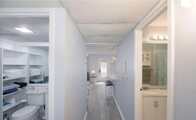 hallway with sink and light hardwood / wood-style flooring