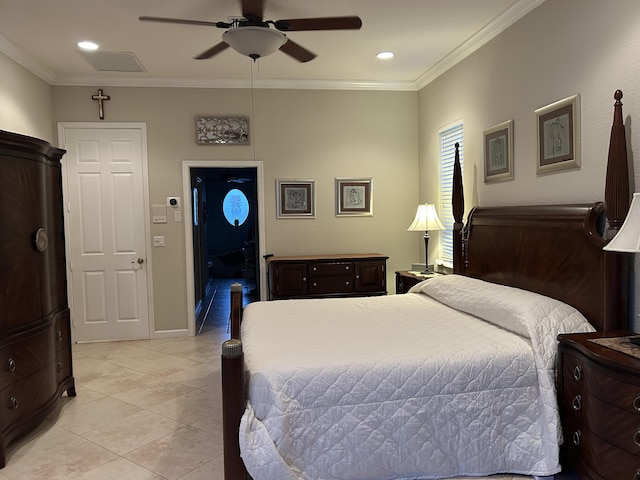 tiled bedroom with ceiling fan and ornamental molding