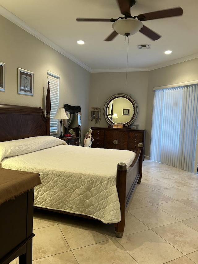 tiled bedroom with ceiling fan and crown molding