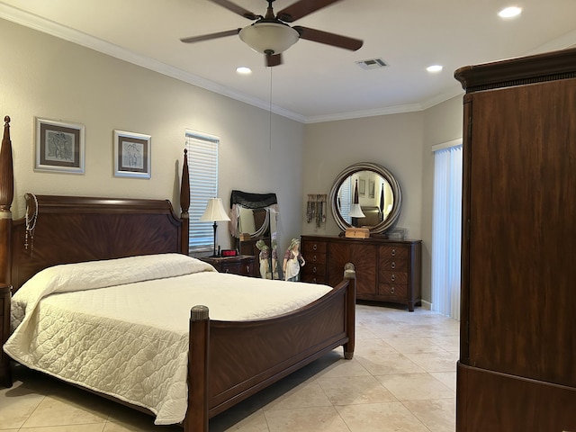 bedroom featuring light tile patterned flooring, ceiling fan, and ornamental molding