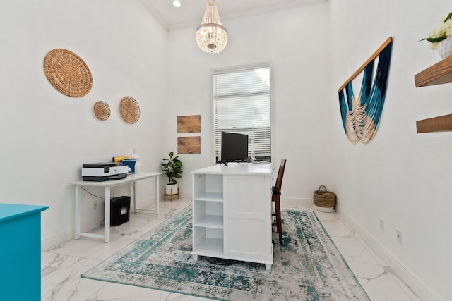 office area featuring a notable chandelier and ornamental molding