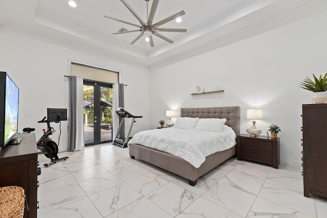 bedroom with access to outside, ornamental molding, french doors, and a raised ceiling