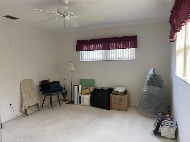 misc room featuring ceiling fan and carpet floors